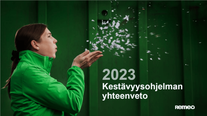 Kansikuva Remeon 2023 kestävyysohjelman yhteenvedosta. Nainen vihreää taustaa vasten puhaltaa ilmaan paperipaloja.