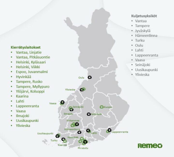 Suomen kartta, johon on merkitty Remeon kierrätyslaitokset ja kuljetusyksiköt.